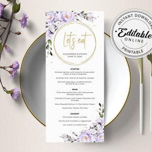 Plantilla de menú lavanda (boda, despedida de soltera, cena, brunch) • DESCARGA INSTANTÁNEA • Plantilla editable e imprimible, A102
