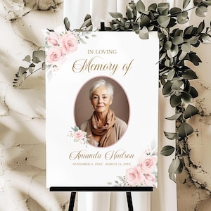 Plantilla de cartel de bienvenida para funeral con rosas rosadas, plantilla de póster "En memoria de un ser querido" • DESCARGA INSTANTÁNEA • Plantilla editable e imprimible