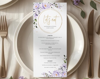 Plantilla de menú lavanda (boda, despedida de soltera, cena, brunch) • DESCARGA INSTANTÁNEA • Plantilla editable e imprimible, A102