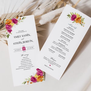 Plantilla de programa de boda en rosa intenso y naranja, orden de servicio de boda • DESCARGA INSTANTÁNEA • Plantilla editable e imprimible, n.° 138