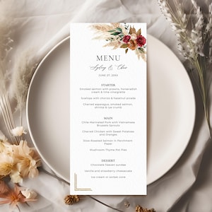 Plantilla de menú en burdeos, terracota y verde esmeralda (boda, despedida de soltera, brunch) • DESCARGA INSTANTÁNEA • Plantilla editable e imprimible, A134