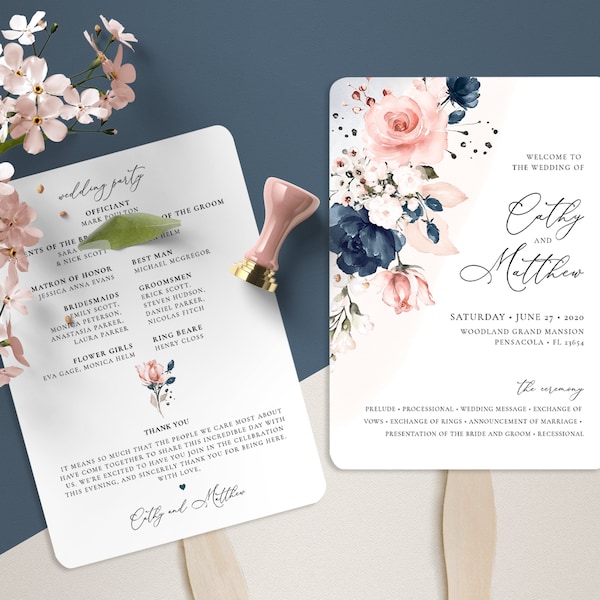 Fan Navy Blue and Blush Pink Wedding Program Template, Wedding Order of Service • INSTANT DOWNLOAD • Editable, Printable Template, A120