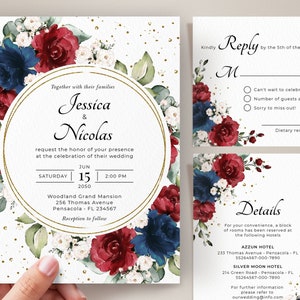 Burgundy and Navy Blue Wedding Invitation Template Suite, Wedding Invitation Set • INSTANT DOWNLOAD • Editable, Printable Template, A123