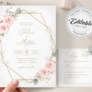 Hochzeitseinladung und Antwortkarte mit rosa Rosen • SOFORTIGER DOWNLOAD • Bearbeitbare, druckbare Vorlage, #126