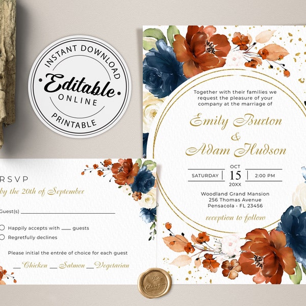 Terracotta, Navy Blue and Ivory Wedding Invitation Template + RSVP Card • INSTANT DOWNLOAD • Editable, Printable Templates, #137