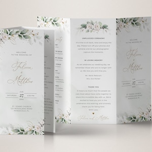 Trifold Wedding Program Template with Eucalyptus, Greenery Trifold Wedding Program • INSTANT DOWNLOAD • Editable, Printable Template, A109