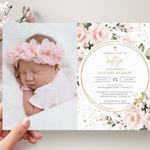 Blush Pink Baptism Invitation Template, First Holy Communion Invitation Template, Instant Download, Editable, Printable Template, A117