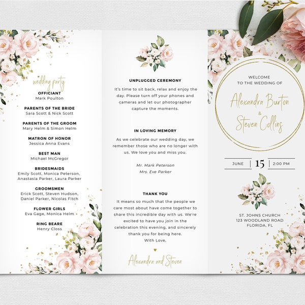 Trifold Wedding Program Template with Blush Pink Roses, Floral Program Template • INSTANT DOWNLOAD • Editable, Printable Template, A117