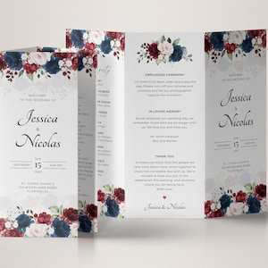 Burgundy and Navy Blue Trifold Wedding Program Template • INSTANT DOWNLOAD • Editable, Printable Template, A123