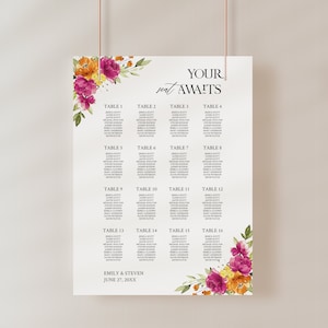 Felroze en oranje bruiloft zitplaatsen grafieksjabloon, bloemen plattegrond sjabloon • INSTANT DOWNLOAD • Bewerkbare, afdrukbare sjabloon, #138