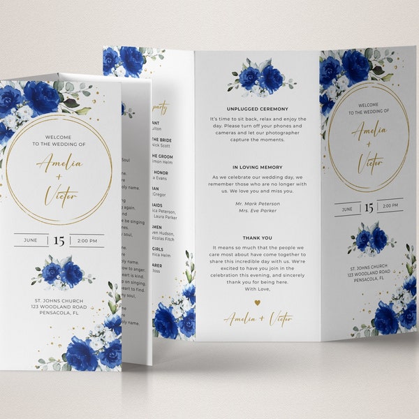 Trifold Wedding Program Template,  Royal Blue and Gold Program Template • INSTANT DOWNLOAD • Editable, Printable Template