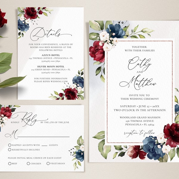 Navy and Burgundy Wedding Invitation - Etsy