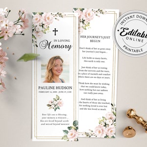 Blush Pink Funeral Bookmark Template, Celebration of Life Bookmark, Funeral Keepsake Cards, Memorial Card for Remembrance
