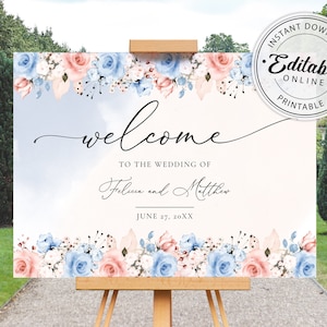 Dusty Blue and Blush Pink Wedding Welcome Sign Template INSTANT DOWNLOAD Editable, Printable Template, 122 image 1