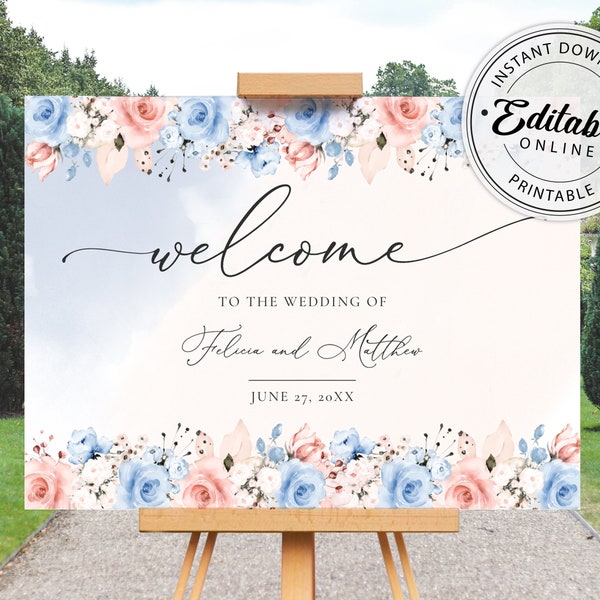 Dusty Blue and Blush Pink Wedding Welcome Sign Template • INSTANT DOWNLOAD • Editable, Printable Template, #122