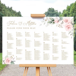 Alfabetische tafelkaartsjabloon bruiloft met groen en roze rozen • INSTANT DOWNLOAD • Bewerkbare, afdrukbare sjabloon, #126