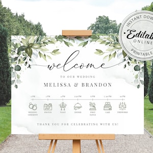 May include: A printable wedding welcome sign with a watercolor greenery design. The sign features the text "Welcome to our wedding Melissa & Brandon" and a timeline of wedding events with icons.