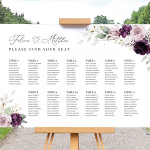 Wedding Seating Chart Template with Purple and Mauve Roses • INSTANT DOWNLOAD • Editable, Printable Template, #143