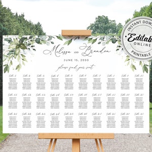 Boho Greenery Hochzeits-Sitzplan Vorlage • SOFORTIGER DOWNLOAD • Bearbeitbare, druckbare Vorlage, A107