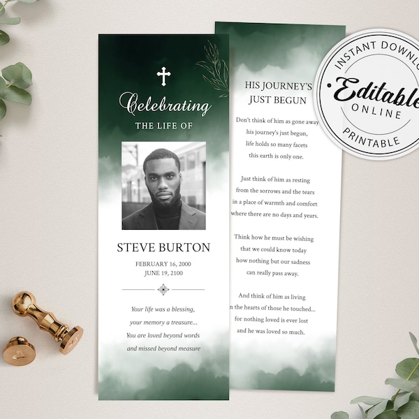 Greenery Funeral Bookmark Template, Funeral Keepsake Bookmark, Memorial, Remembrance • INSTANT DOWNLOAD • Editable, Printable Template