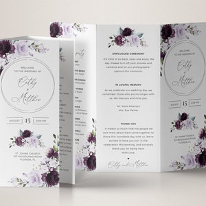 May include: Wedding invitation with a purple and white floral design. The invitation includes the names "Cathy & Matthew", the date "August 15", and the time "2:00 PM". The invitation also includes the location of the wedding, "St. Johns Church, 123 Woodland Road, Florida, FL".