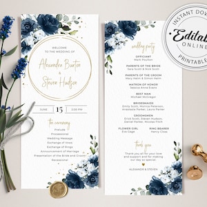 Plantilla de programa de boda con rosas azul marino • DESCARGA INSTANTÁNEA • Plantilla editable e imprimible, n.° 144