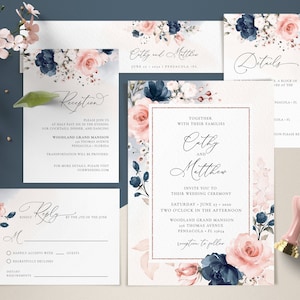 Marineblauw en blush roze bruiloft uitnodiging sjabloonset, bruiloft uitnodiging sjabloonsuite • INSTANT DOWNLOAD • Bewerkbare sjablonen, A120