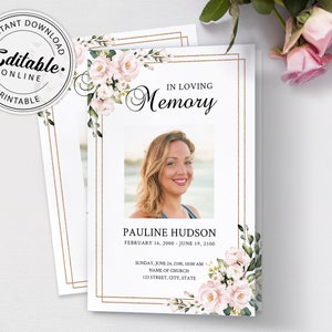 Funeral Program Template, Floral Memorial Program, Editable Memorial Service Template, Order Of Service, Printable Funeral Program