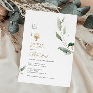 Greenery First Holy Communion Invitation Template • INSTANT DOWNLOAD • Editable, Printable Template A112