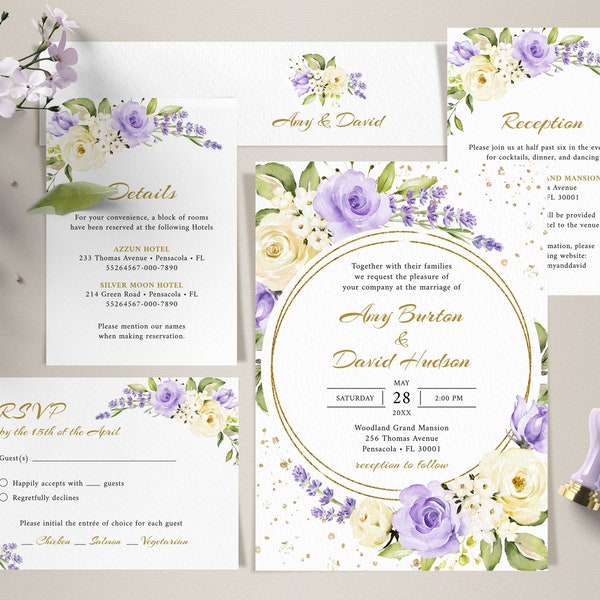 Lavender and Pale Yellow Wedding Invitation Template Bundle, Invite Template Suite • INSTANT DOWNLOAD • Editable Printable Templates, #140