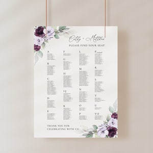 Alfabetische lavendel en paarse bruiloft zitplaatsen grafieksjabloon • INSTANT DOWNLOAD • Bewerkbare, afdrukbare sjabloon, A133