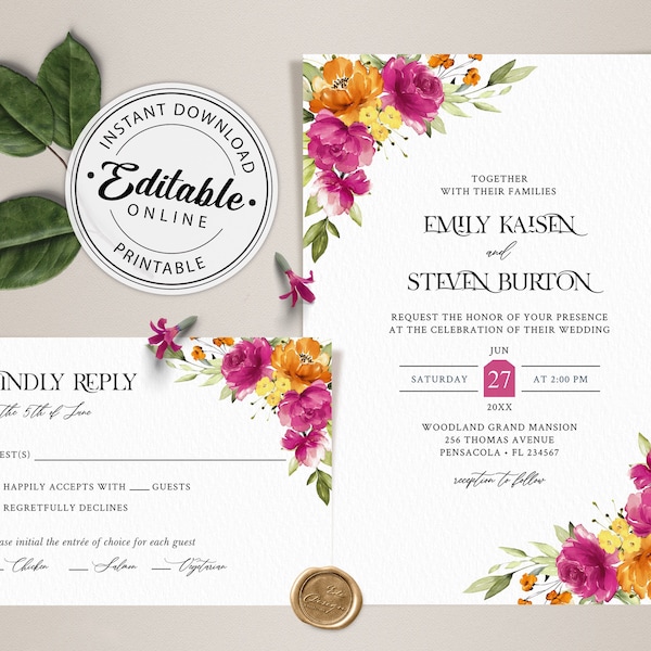 Hot Pink and Orange Wedding Invitation + RSVP Card Template, Wedding Invite Template • INSTANT DOWNLOAD • Editable, Printable Templates,#138