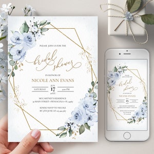 Modèle d'invitation pour la douche nuptiale bleu poussiéreux, modèle d'invitation imprimable et pour smartphone • TÉLÉCHARGEMENT IMMÉDIAT • Modèle modifiable, #127
