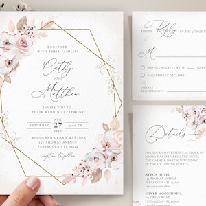 Boho Rustic Invitation Template Set, Rustic Wedding Invite with Light Pink Roses INSTANT DOWNLOAD Editable, Printable Template, A125 image 1