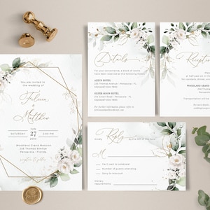 Greenery Wedding Invitation Template Set, Greenery Wedding Invite with White Roses • INSTANT DOWNLOAD • Editable, Printable Template, A109