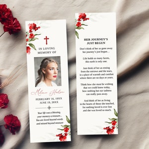 Funeral Bookmark Template with Red Poppies, Memorial Bookmark Template, Editable, Printable Template