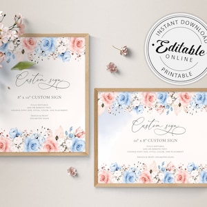 Custom Sign Template with Blue and Blush Pink Roses, Portrait and Landscape • INSTANT DOWNLOAD • Editable, Printable Template, #122