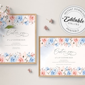 Modello di cartello personalizzato con rose blu e rosa cipria, verticale e orizzontale • DOWNLOAD IMMEDIATO • Modello modificabile e stampabile, n. 122