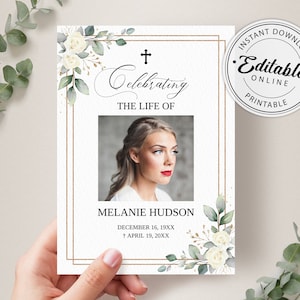 Funeral Announcement Card Template, Funeral Invitation Template, Editable, Printable Memorial Service/Reception Card Template
