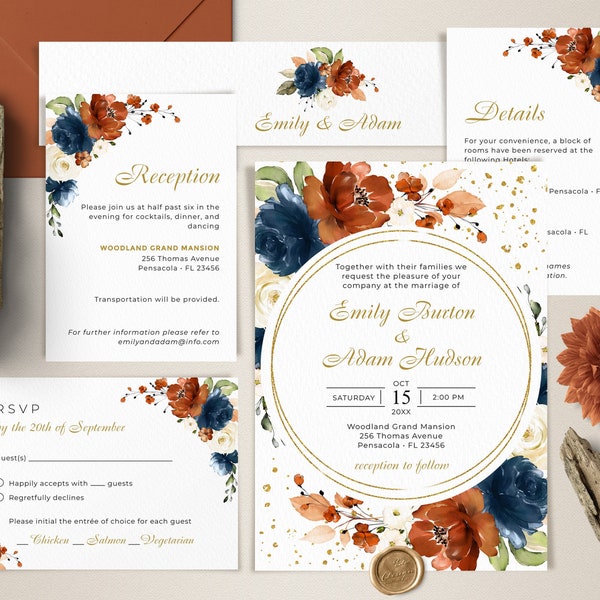 Terracotta, Navy Blue and Ivory, Wedding Invitation Template Bundle, Wedding Invite Template Suite • INSTANT DOWNLOAD • #137