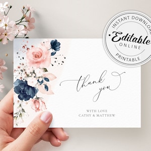 Danksagungskarte, Grußkarten • SOFORTIGER DOWNLOAD • Druckbare Vorlage für eine Hochzeit in Marineblau und Rosa • Danksagungskarte, Dankeskarte, Grußkarten • Druckbare Vorlage, A120