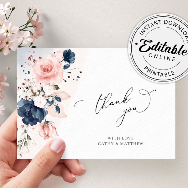 Navy Blue and Blush Pink Wedding Thank you Card Template, Thank you Notes, Greeting Cards • INSTANT DOWNLOAD • Printable Template, A120