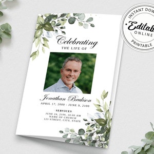 Greenery Funeral Program Template: Editable Order of Service (Printable)