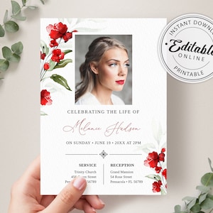 Funeral Announcement Card Template with Poppies, Red Funeral Invitation Template, Editable, Printable Memorial Service/Reception Card