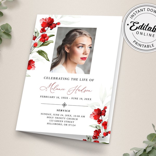 Printable Red Poppies Funeral Program Template, Memorial Program Template, Order of Service, Editable Funeral Program, Obituary Program