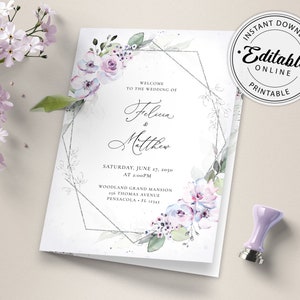 Folded Wedding Program Template with Lavender Roses, Wedding Order of Service • INSTANT DOWNLOAD • Editable, Printable Template