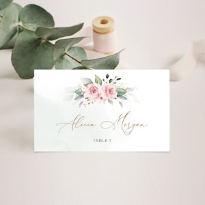 Modelo de cartão de lugar com estampa boho e verde, com rosas cor-de-rosa, modelo plano e dobrado em formato de tenda • DOWNLOAD INSTANTÂNEO • Modelo editável e imprimível