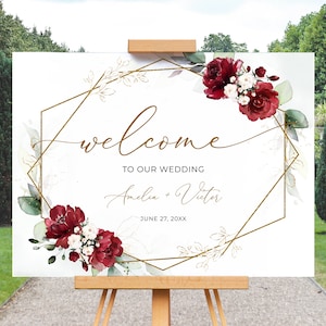 Burgundy Wedding Welcome Sign Template, Horizontal Welcome Sign Template  • INSTANT DOWNLOAD • Editable, Printable Template, #141