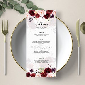 Bourgondische menusjabloon (bruiloft, vrijgezellenfeest, diner, brunch) • INSTANT DOWNLOAD • Bewerkbare, afdrukbare sjabloon, A115