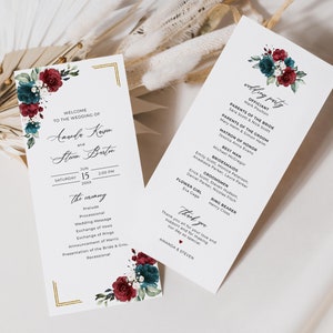 Modello di programma di matrimonio in Borgogna e Verde acqua scuro, ordine del servizio di nozze • DOWNLOAD IMMEDIATO • Modello modificabile e stampabile, n. 103